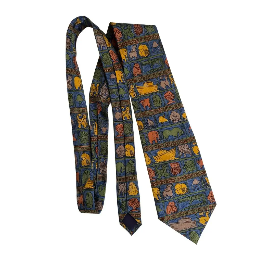 Vintage Noahs Ark Novelty Silk Tie Mens Church Easter 90s Colorful Eagles Wings